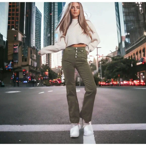 BLANK NYC The Delancey Denim Wide Leg Pants Going Green Size 31 70s Bohemian - Picture 2 of 9